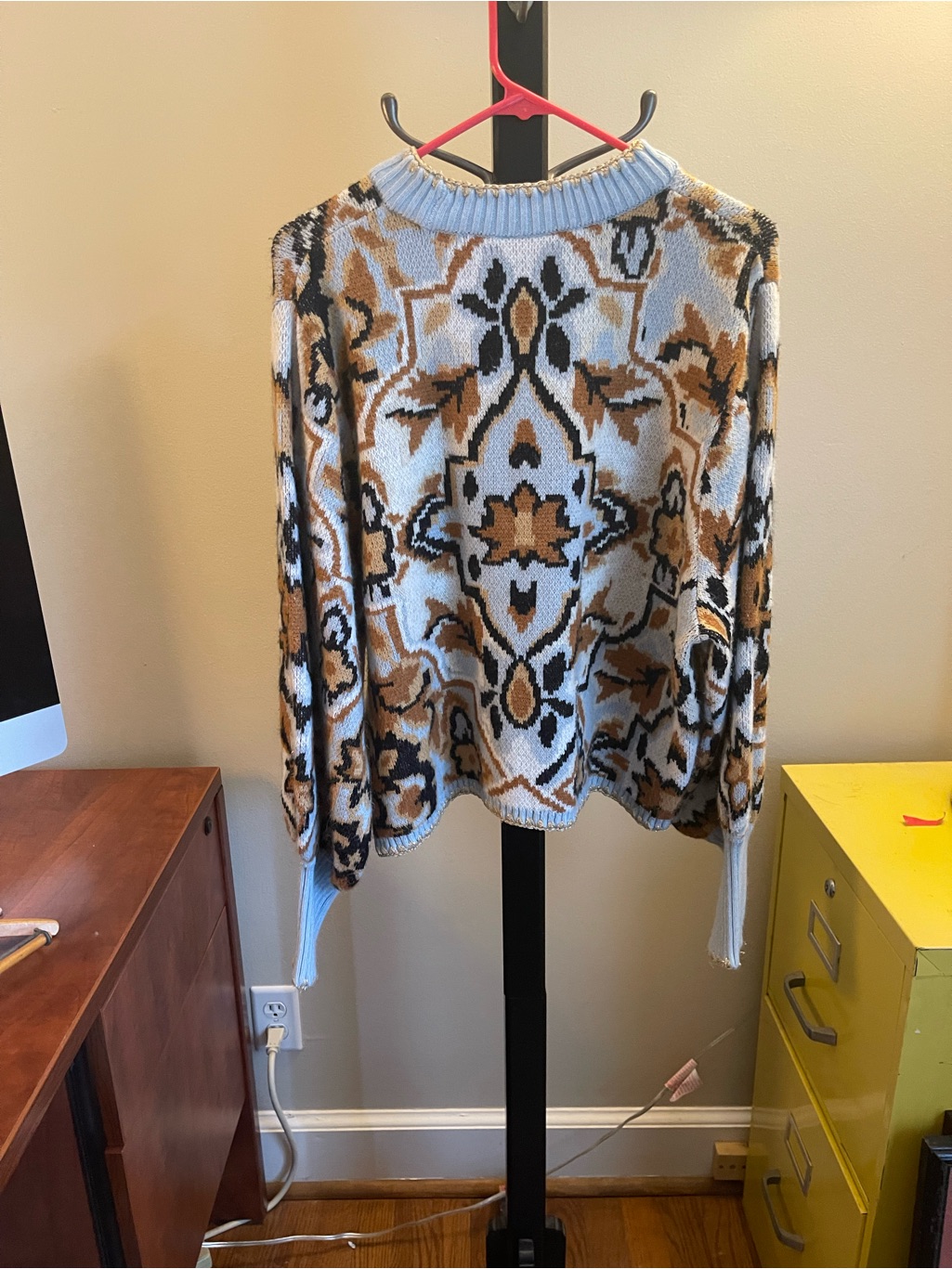 Farm Rio Blue, Brown & Black Patterned Crewneck Sweater